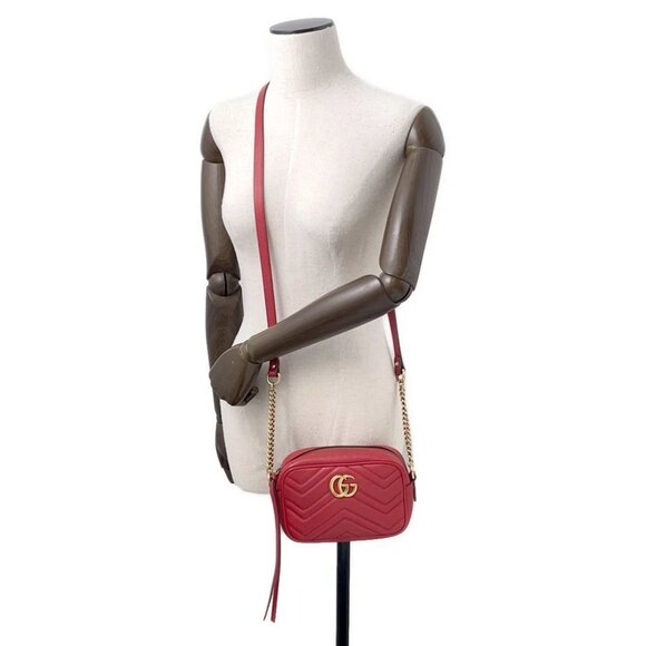 GUCCI GG Marmont Mini Shoulder Bag Size Mini Leather Red/Beige 448065 - Picture 4 of 14